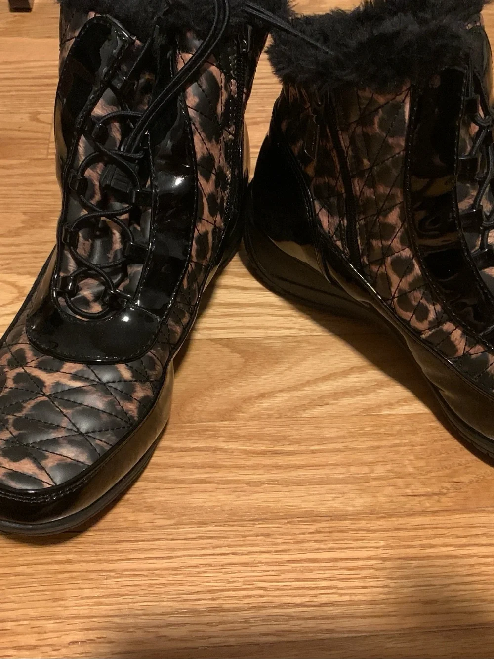 Khombu Leopard Quilted Ankle Boot with Faux Fur Trim - Black/Brown